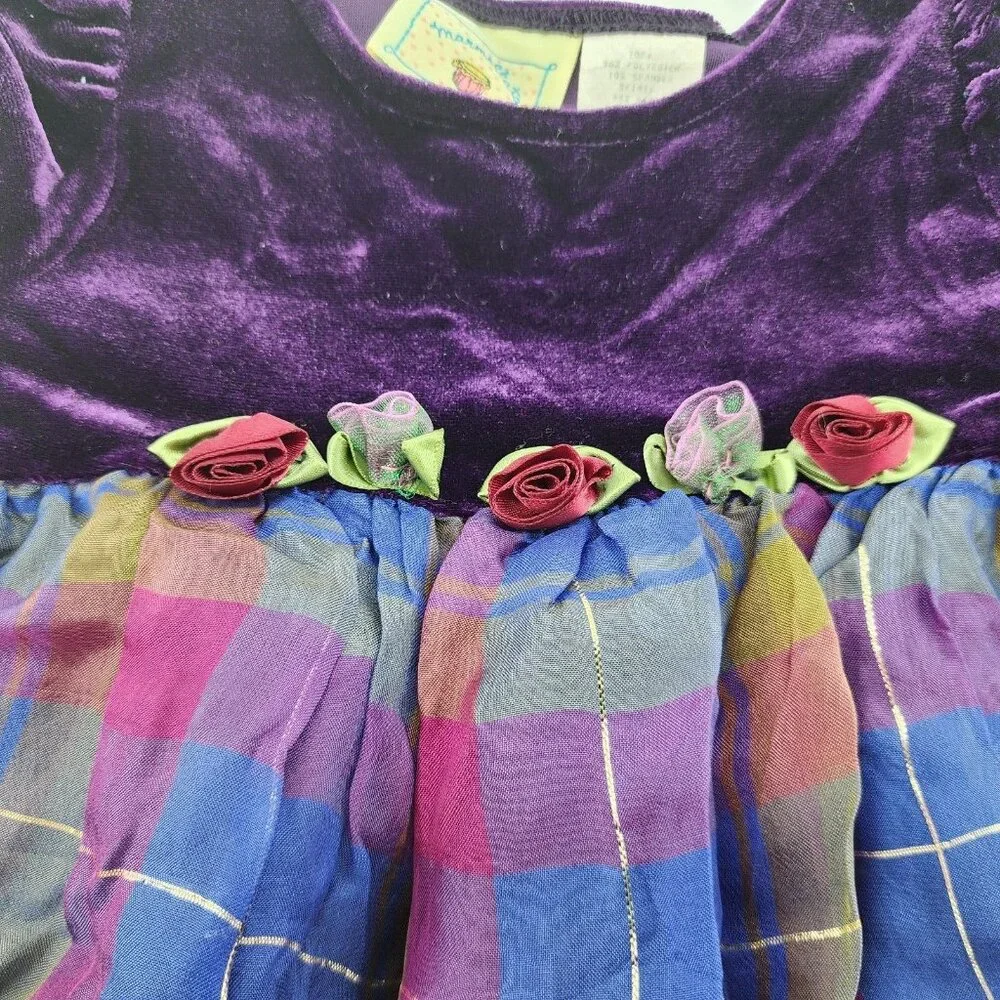 Marmellata Baby Girl Short Sleeve Party Dress Velvet Top Plaid Skirt Purple 6-9M
